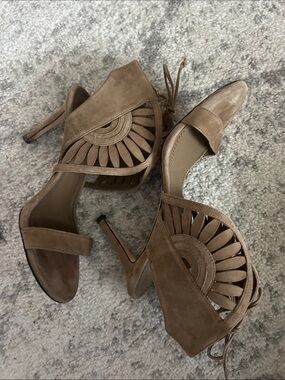 Tory Burch Neutral Taupe Suede Cutout Lace-Up High Heels